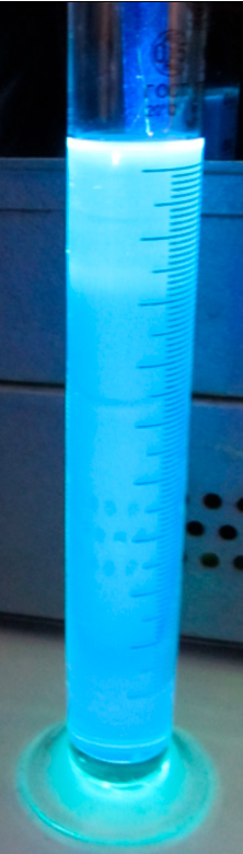 Фото 4. Внешний вид исследуемой жидкости в УФ - свете с длиной волны 354 нм.