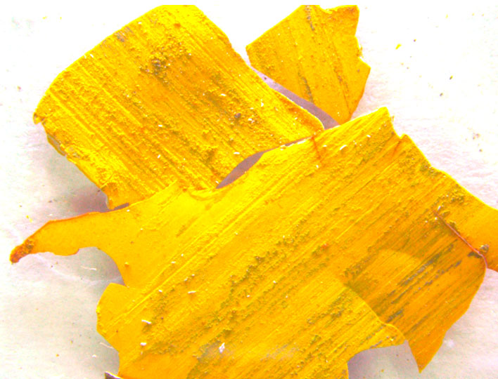 Фото 2. Внешний вид верхней поверхности эмали желтого цвета с царапинами и стёртостями (посторонние наслоения отсутствуют) (увеличение 10х).