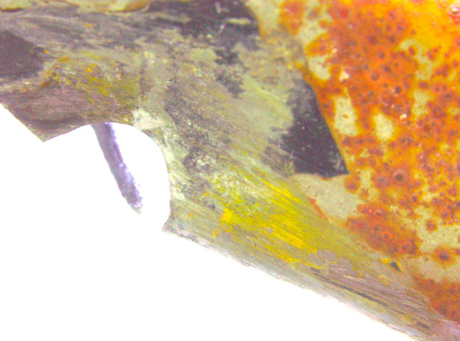 Фото 6. Наслоения вещества желтого цвета на поверхности металлического фрагмента крепления заднего бампера автомобиля «БМВ»  (увеличение 8х).