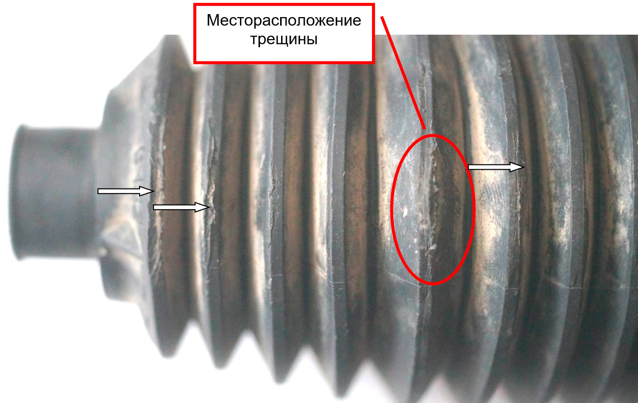 Фото 24. Механические повреждения на других ребрах верхних складок в виде задиров (показаны белыми стрелками).