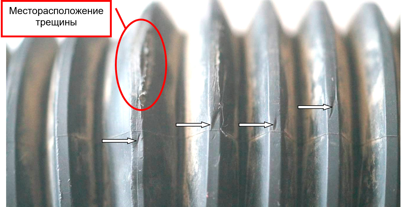 Фото 25. Механические повреждения на других ребрах верхних складок в виде трасс (показаны белыми стрелками).