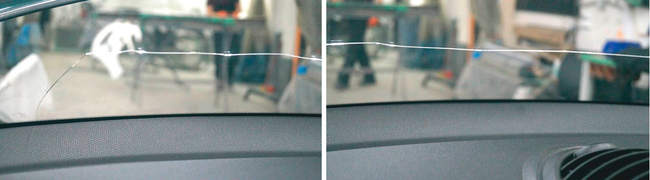Фото 9,10. Расположение трещины на лобовом стекле.