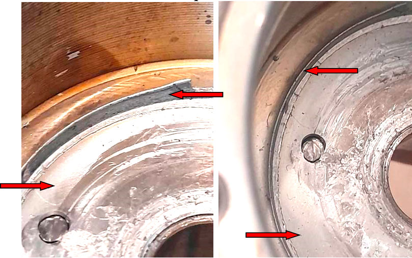 Фото 35,36. Отсутствуют повреждения в районе буртика и на нём (с внутренней стороны) – показано красными стрелками.
