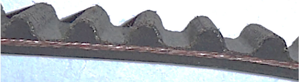 Фото 9.  Внешний вид зубьев  и корда из переплетенных волокон находящегося между слоями резины  фрагмента нового ремня ГРМ