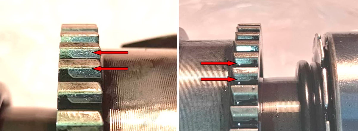 Фото 41,42. Следы  смятия металла от контактного взаимодействия не по всей длине зубьев - показано красными стрелками