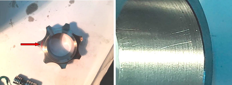 Фото 33,34. След от краски красного цвета (показан красной стрелкой) на звёздочке, а внутри неё поперечные царапины