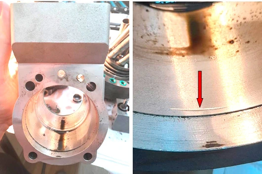 Фото 47,48. Корпус насоса и выточка металла – показано красной стрелкой