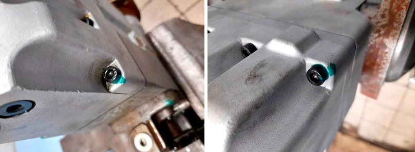 Фото 6,7. Пломбы в виде краски зелёного цвета на крепёжных деталях насоса