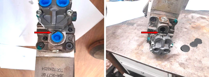 Фото 11,12. Течь масла из напорной магистрали высокого давления – показано красными стрелками