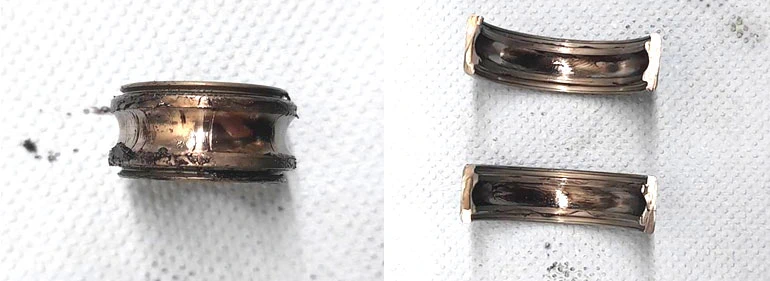 Фото 23,24. Наложения грязной смазки (чёрного цвета) на внутренних частях внешнего и внутреннего кольца