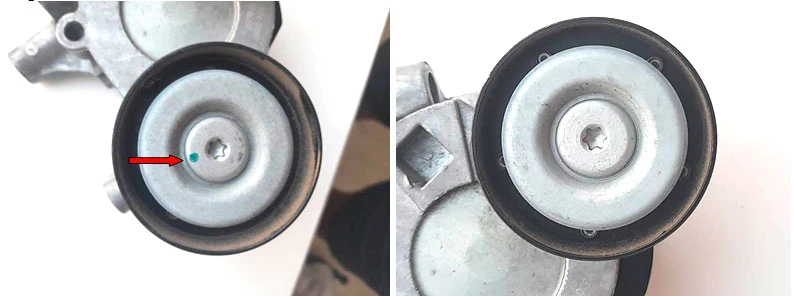 Фото 3,4. Зелёная метка в виде точки на одном ролике – показана красной стрелкой, на втором ролике метка отсутствует